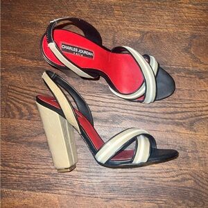 Charles Jourdan Black, Cream and Red Slingback High Heel Sandals